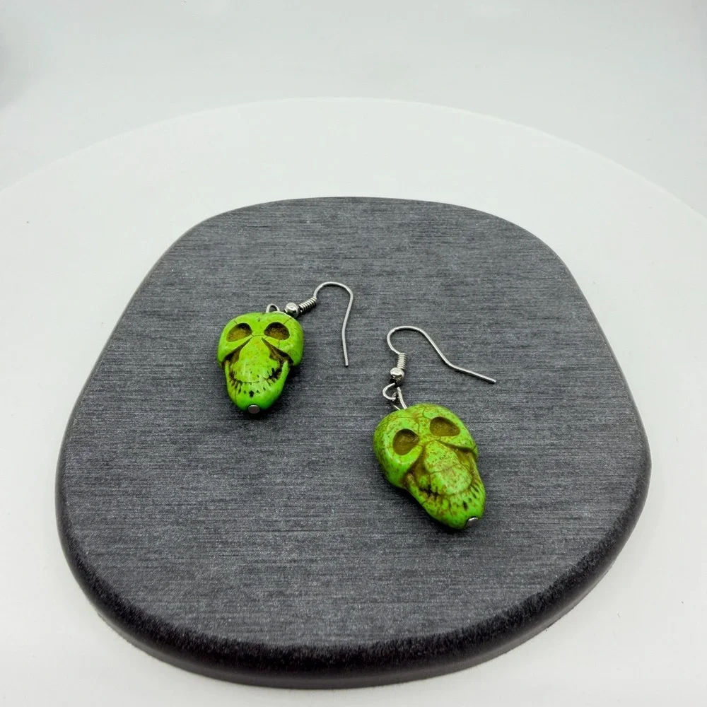 Green Skull Dangle Earrings Gothic Punk Halloween Festival Statement Gift Pair